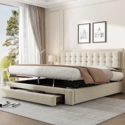 Generique Lit coffre 180x200 cm - Lit coffre hydraulique avec 2 tiroirs et sommier à lattes - Velours - Sans Matelas - Beige