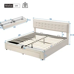 Generique Lit coffre 180x200 cm - Lit coffre hydraulique avec 2 tiroirs et sommier à lattes - Velours - Sans Matelas - Beige