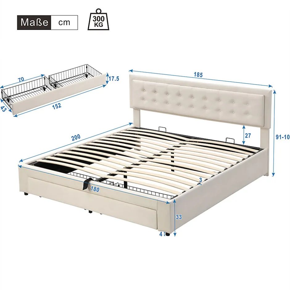 Generique Lit coffre 180x200 cm - Lit coffre hydraulique avec 2 tiroirs et sommier à lattes - Velours - Sans Matelas - Beige
