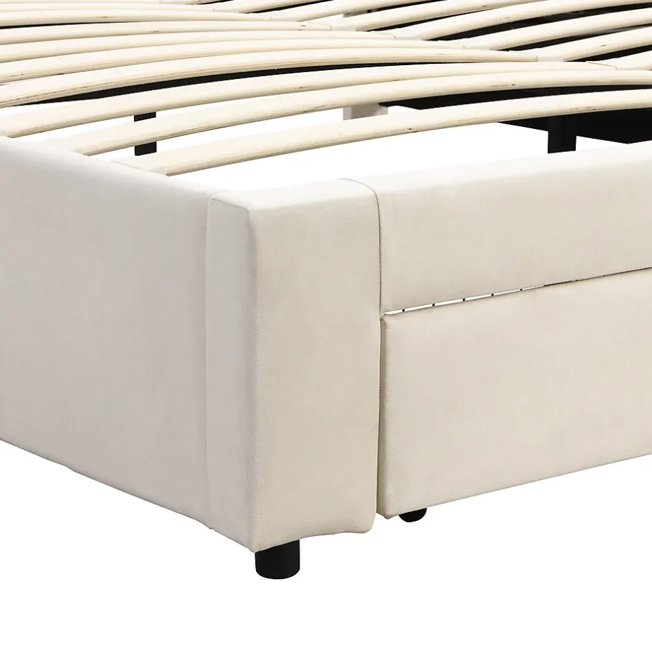 Generique Lit coffre 180x200 cm - Lit coffre hydraulique avec 2 tiroirs et sommier à lattes - Velours - Sans Matelas - Beige
