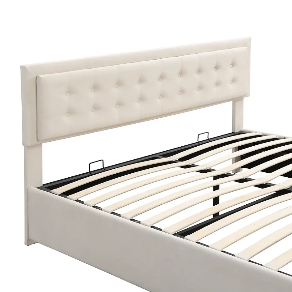 Generique Lit coffre 180x200 cm - Lit coffre hydraulique avec 2 tiroirs et sommier à lattes - Velours - Sans Matelas - Beige