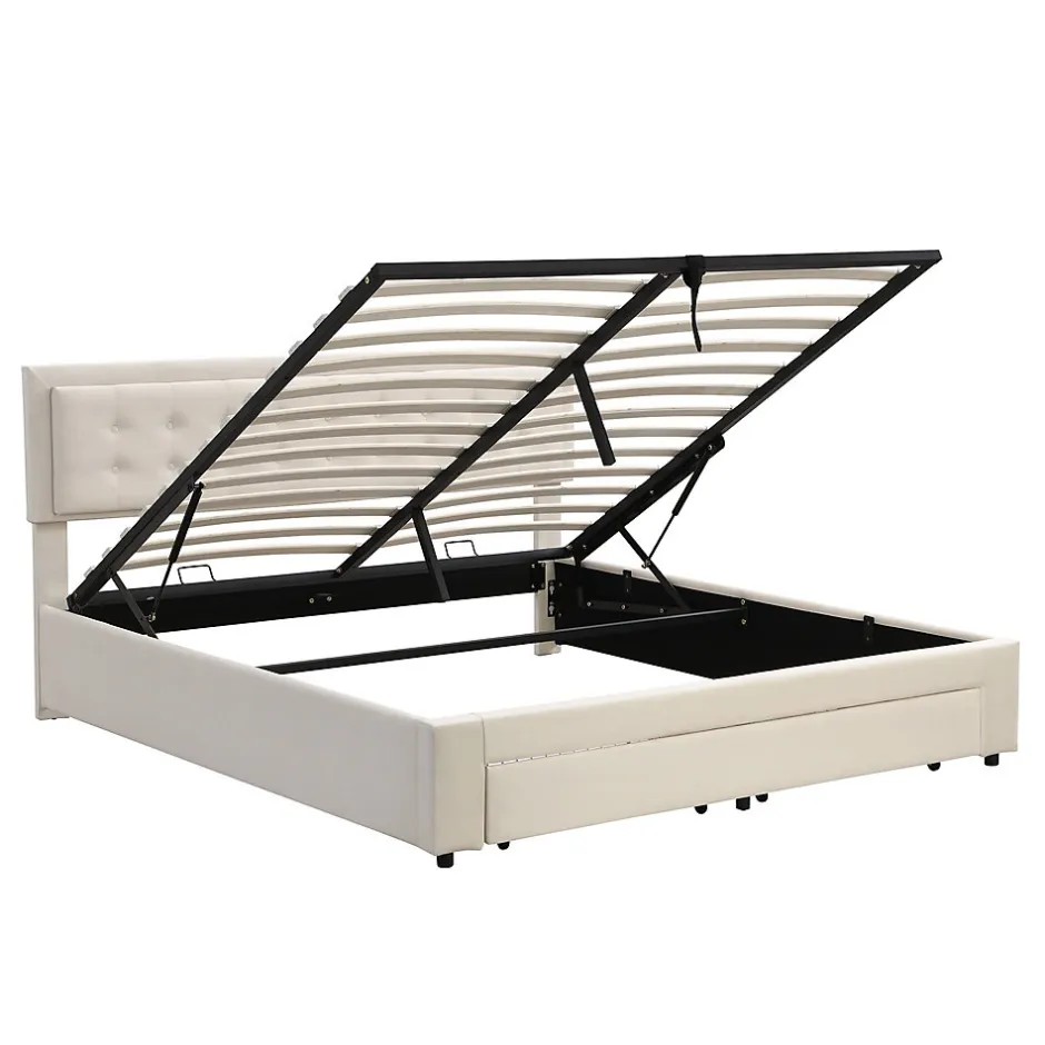 Generique Lit coffre 180x200 cm - Lit coffre hydraulique avec 2 tiroirs et sommier à lattes - Velours - Sans Matelas - Beige