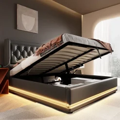 Generique Lit coffre 180x200 cm - Lit coffre hydraulique avec USB Type-C et LED - PU - Sans Matelas - Noir