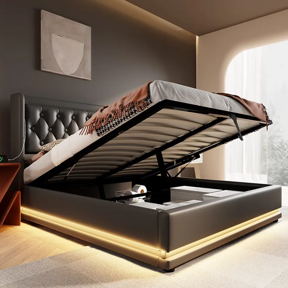 Generique Lit coffre 180x200 cm - Lit coffre hydraulique avec USB Type-C et LED - PU - Sans Matelas - Noir