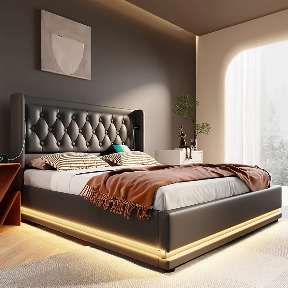 Generique Lit coffre 180x200 cm - Lit coffre hydraulique avec USB Type-C et LED - PU - Sans Matelas - Noir