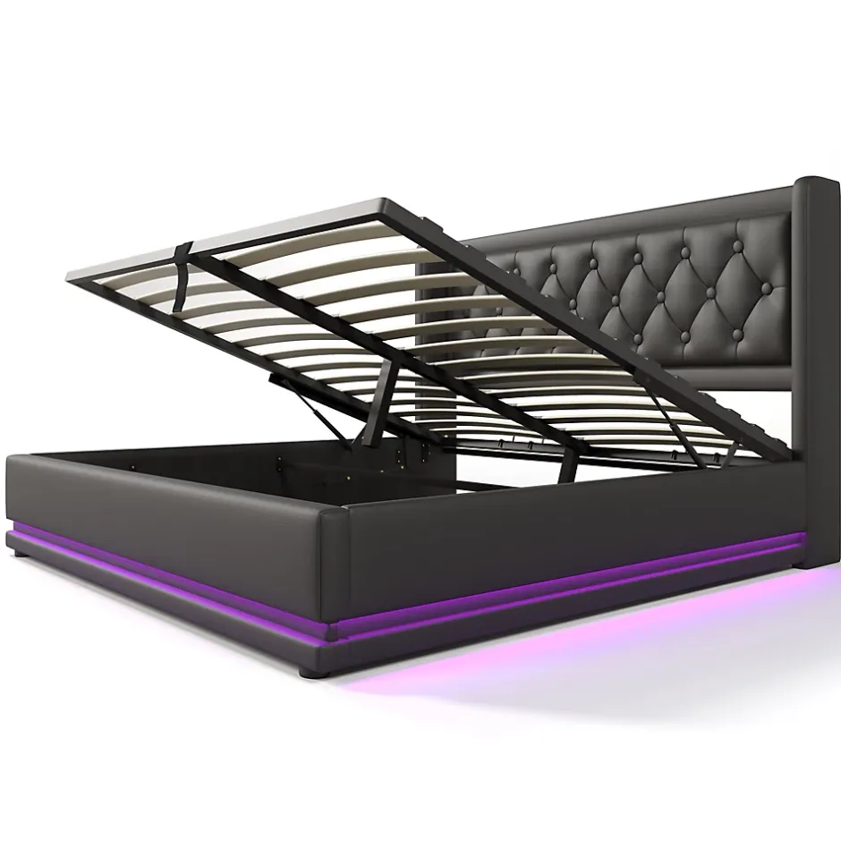 Generique Lit coffre 180x200 cm - Lit coffre hydraulique avec USB Type-C et LED - PU - Sans Matelas - Noir