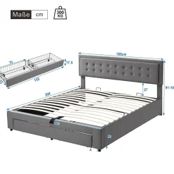 Okwish Lit coffre 180x200 cm - Lit coffre hydraulique avec 2 tiroirs et sommier à lattes - Velours - Sans Matelas - Gris