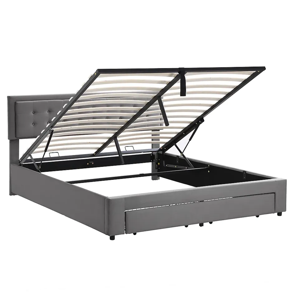 Okwish Lit coffre 180x200 cm - Lit coffre hydraulique avec 2 tiroirs et sommier à lattes - Velours - Sans Matelas - Gris
