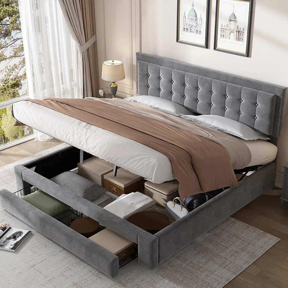 Okwish Lit coffre 180x200 cm - Lit coffre hydraulique avec 2 tiroirs et sommier à lattes - Velours - Sans Matelas - Gris