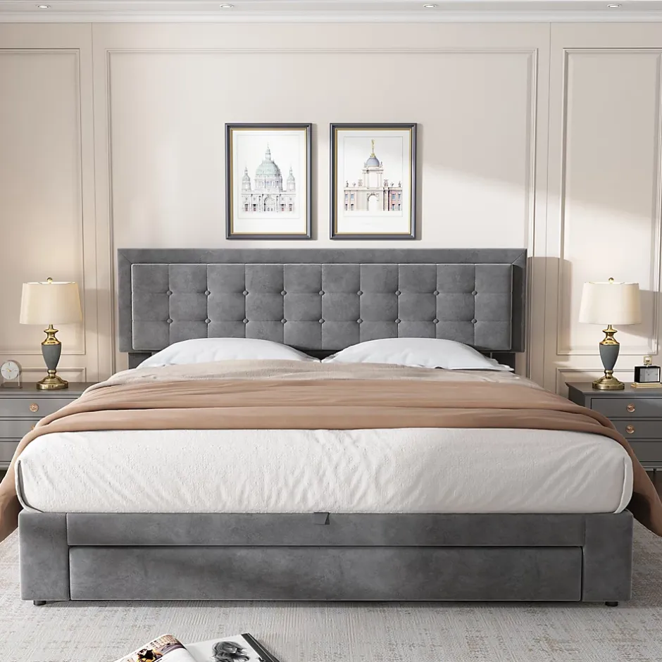 Okwish Lit coffre 180x200 cm - Lit coffre hydraulique avec 2 tiroirs et sommier à lattes - Velours - Sans Matelas - Gris
