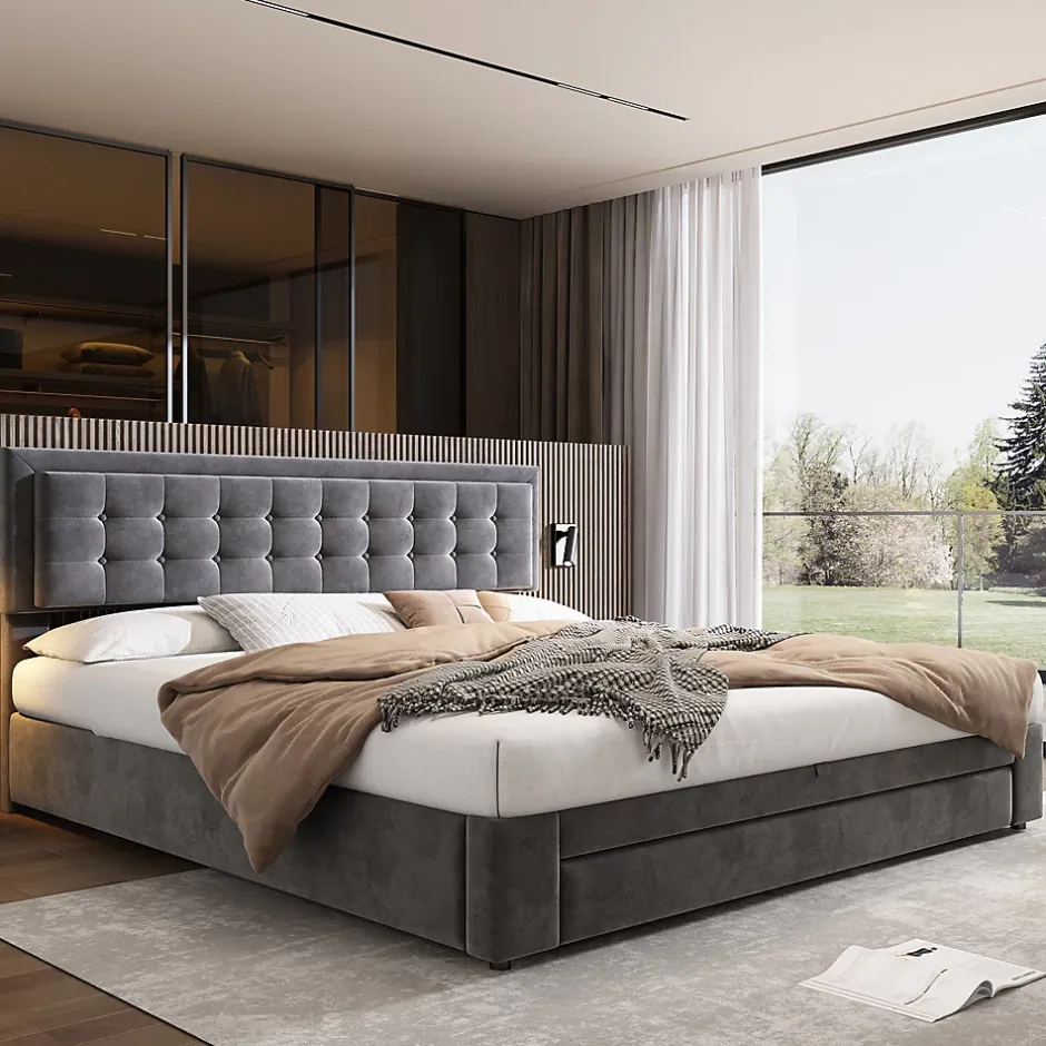 Okwish Lit coffre 180x200 cm - Lit coffre hydraulique avec 2 tiroirs et sommier à lattes - Velours - Sans Matelas - Gris