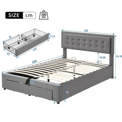 Generique Lit coffre 140x190 cm - Lit coffre hydraulique avec 2 tiroirs et sommier à lattes - Capitonné Velours - Sans Matelas - Gris Outlet