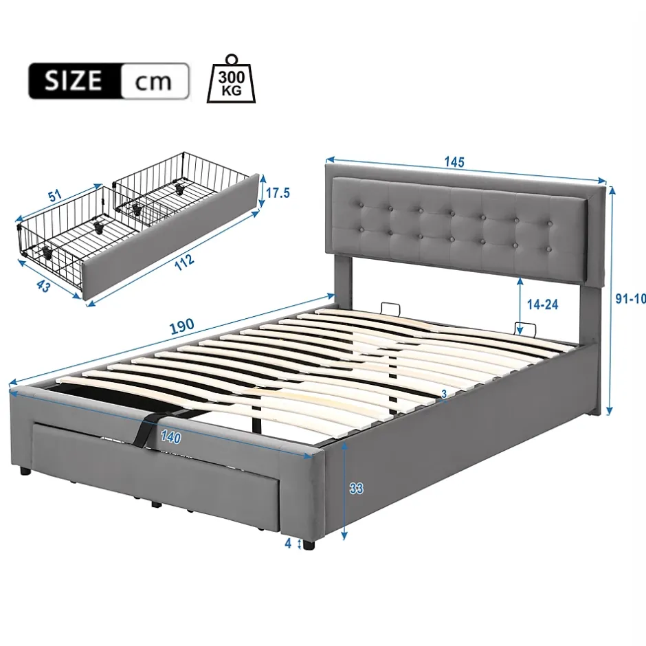 Generique Lit coffre 140x190 cm - Lit coffre hydraulique avec 2 tiroirs et sommier à lattes - Capitonné Velours - Sans Matelas - Gris Outlet