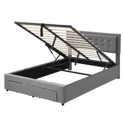 Generique Lit coffre 140x190 cm - Lit coffre hydraulique avec 2 tiroirs et sommier à lattes - Capitonné Velours - Sans Matelas - Gris Outlet