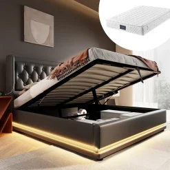 Okwish Lit coffre 140x200 cm - Lit coffre hydraulique avec USB Type-C et LED - PU - avec Matelas - Noir