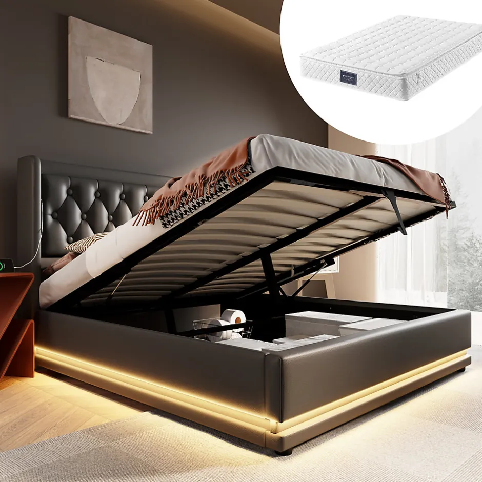 Okwish Lit coffre 140x200 cm - Lit coffre hydraulique avec USB Type-C et LED - PU - avec Matelas - Noir