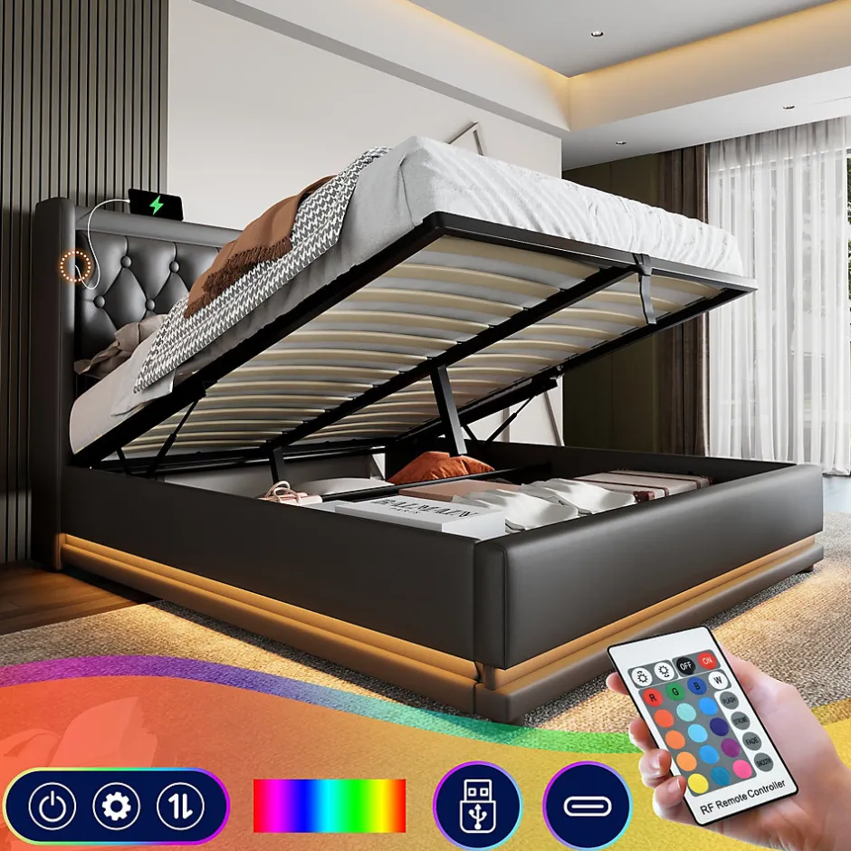 Okwish Lit coffre 140x200 cm - Lit coffre hydraulique avec USB Type-C et LED - PU - avec Matelas - Noir