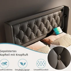 Okwish Lit coffre 140x200 cm - Lit coffre hydraulique avec USB Type-C et LED - PU - avec Matelas - Noir