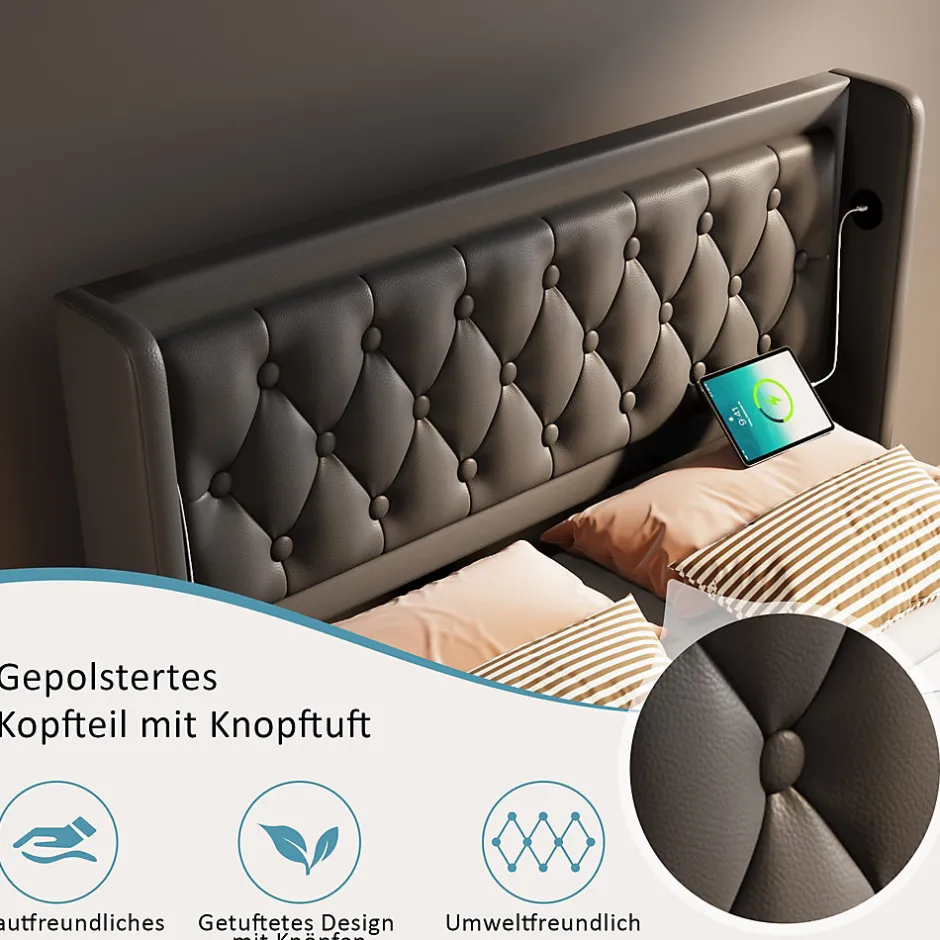 Okwish Lit coffre 140x200 cm - Lit coffre hydraulique avec USB Type-C et LED - PU - avec Matelas - Noir