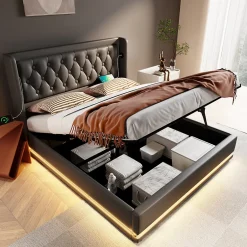 Okwish Lit coffre 140x200 cm - Lit coffre hydraulique avec USB Type-C et LED - PU - avec Matelas - Noir