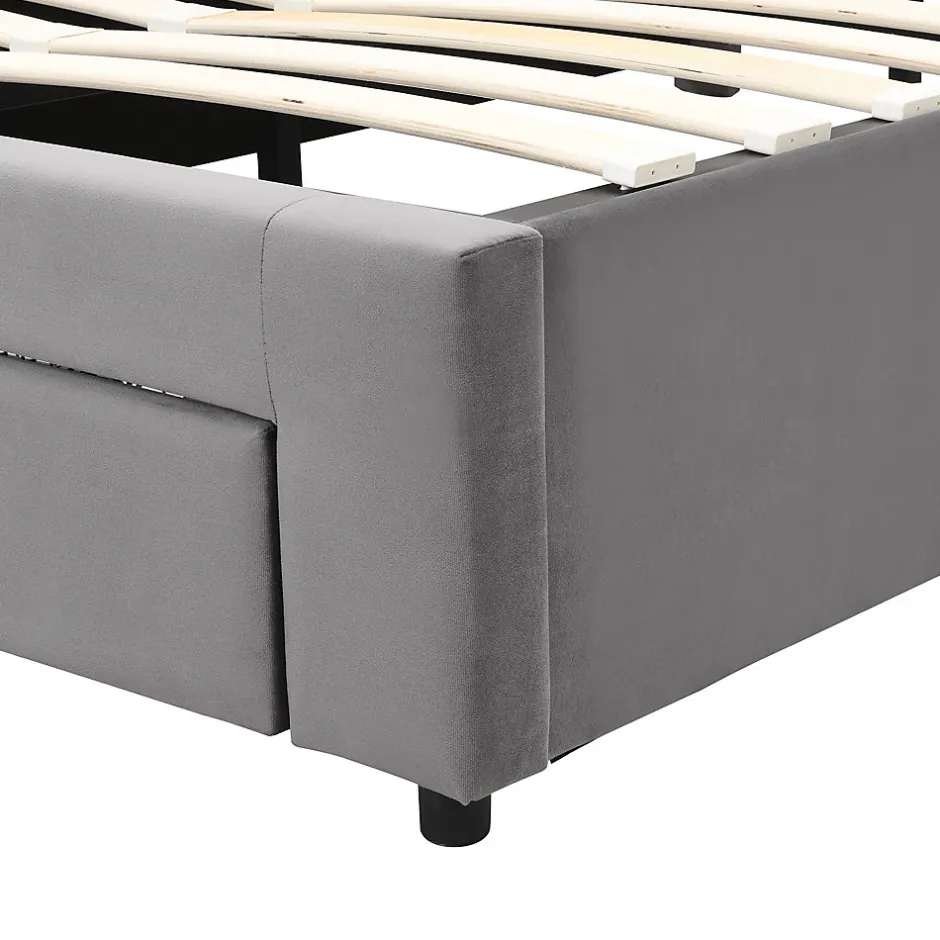 Generique Lit coffre 140x200 cm - Lit coffre hydraulique avec 2 tiroirs et sommier à lattes en bois - Velours - Sans Matelas - Gris