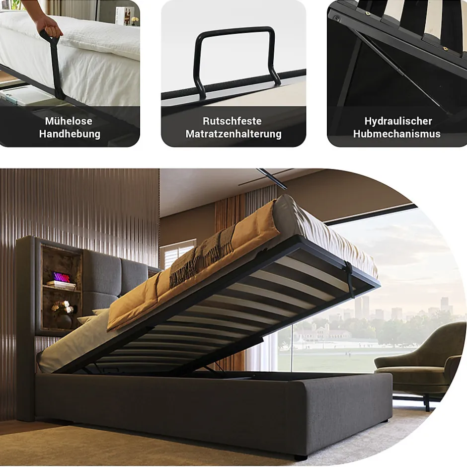 Okwish Lit Coffre 90x200 cm - Lit Coffre Capitonné Simple avec Wireless Charging et USB C, Coton Gris, Matelas Inclus