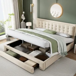 Okwish Lit coffre 160x200 cm - Lit coffre hydraulique avec 2 tiroirs et sommier à lattes - Velours - Sans Matelas - Beige