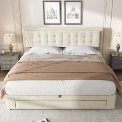 Okwish Lit coffre 160x200 cm - Lit coffre hydraulique avec 2 tiroirs et sommier à lattes - Velours - Sans Matelas - Beige