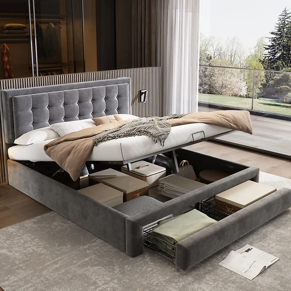 Generique Lit coffre 160x200 cm - Lit coffre hydraulique avec 2 tiroirs et sommier à lattes en bois - Velours - Sans Matelas - Gris