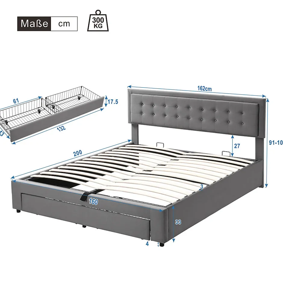 Generique Lit coffre 160x200 cm - Lit coffre hydraulique avec 2 tiroirs et sommier à lattes en bois - Velours - Sans Matelas - Gris