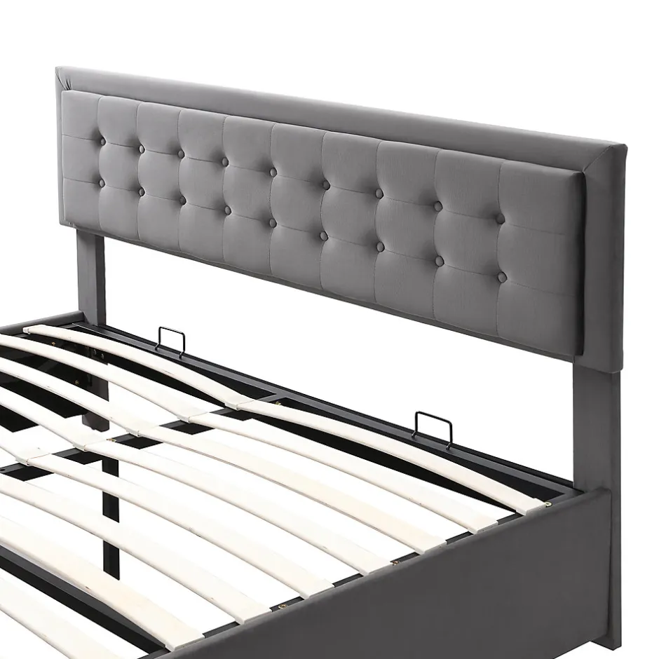 Generique Lit coffre 160x200 cm - Lit coffre hydraulique avec 2 tiroirs et sommier à lattes en bois - Velours - Sans Matelas - Gris