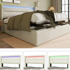Okwish Lit Coffre 140x200 cm - Lit Coffre Capitonné Double avec Coffre Hydraulique et Tête de Lit LED, PU Blanc, Matelas Inclus