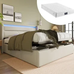 Okwish Lit Coffre 140x200 cm - Lit Coffre Capitonné Double avec Coffre Hydraulique et Tête de Lit LED, PU Blanc, Matelas Inclus