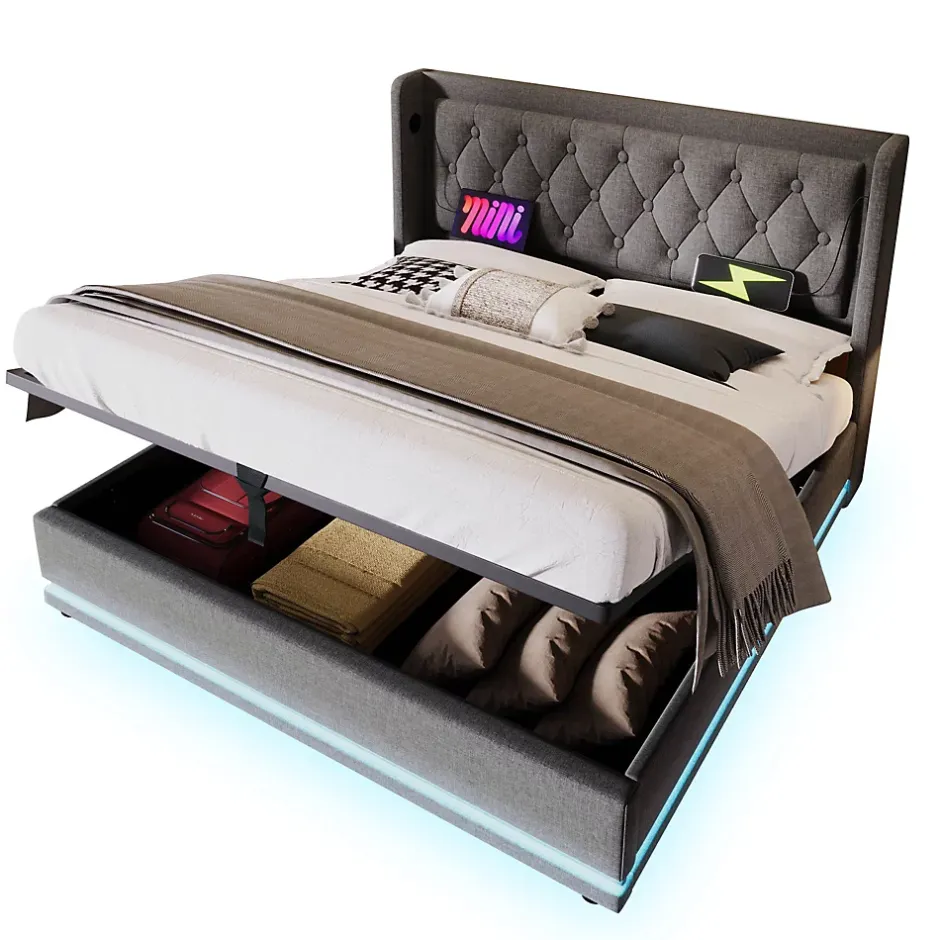 Generique Lit coffre 180x200 cm - Lit coffre hydraulique avec USB Type-C - Coton - Sans Matelas - Gris Hot