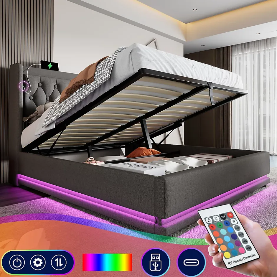 Generique Lit coffre 180x200 cm - Lit coffre hydraulique avec USB Type-C - Coton - Sans Matelas - Gris Hot