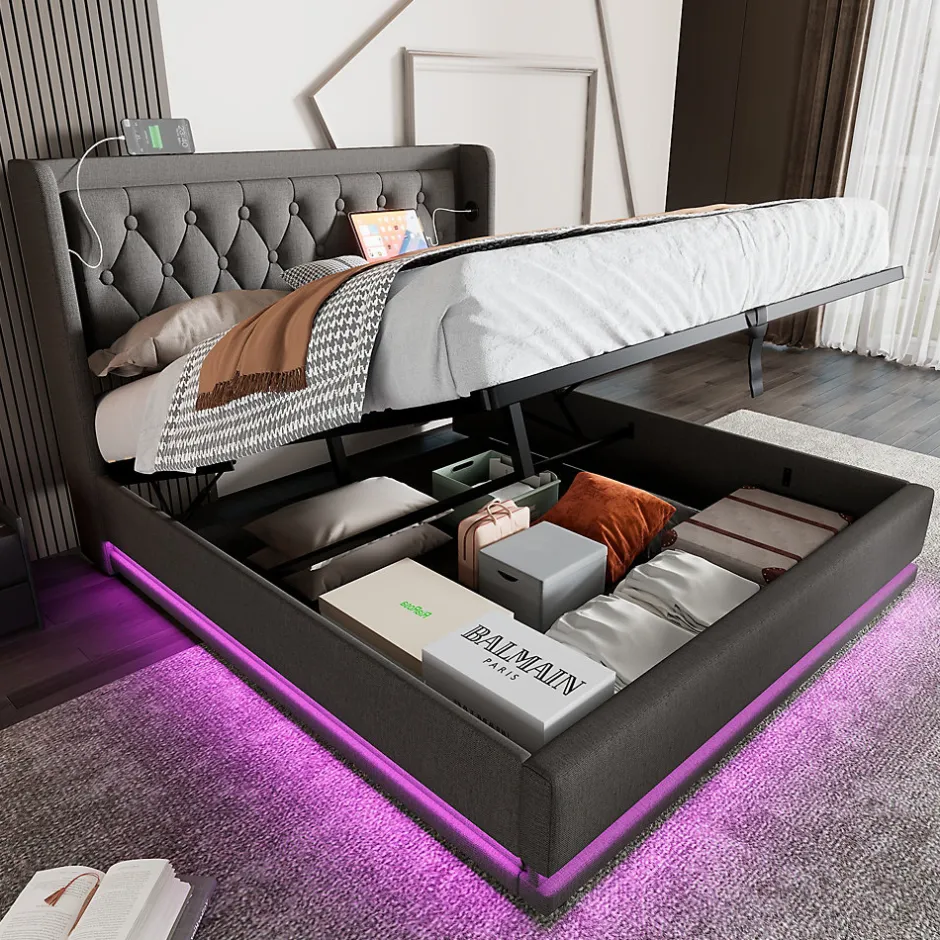 Generique Lit coffre 180x200 cm - Lit coffre hydraulique avec USB Type-C - Coton - Sans Matelas - Gris Hot