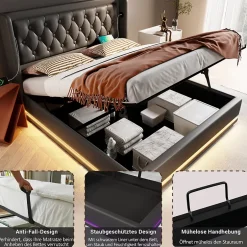Generique Lit coffre 160x200 cm - Lit coffre hydraulique avec USB Type-C et LED - PU - Sans Matelas - Noir