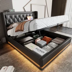 Generique Lit coffre 160x200 cm - Lit coffre hydraulique avec USB Type-C et LED - PU - Sans Matelas - Noir