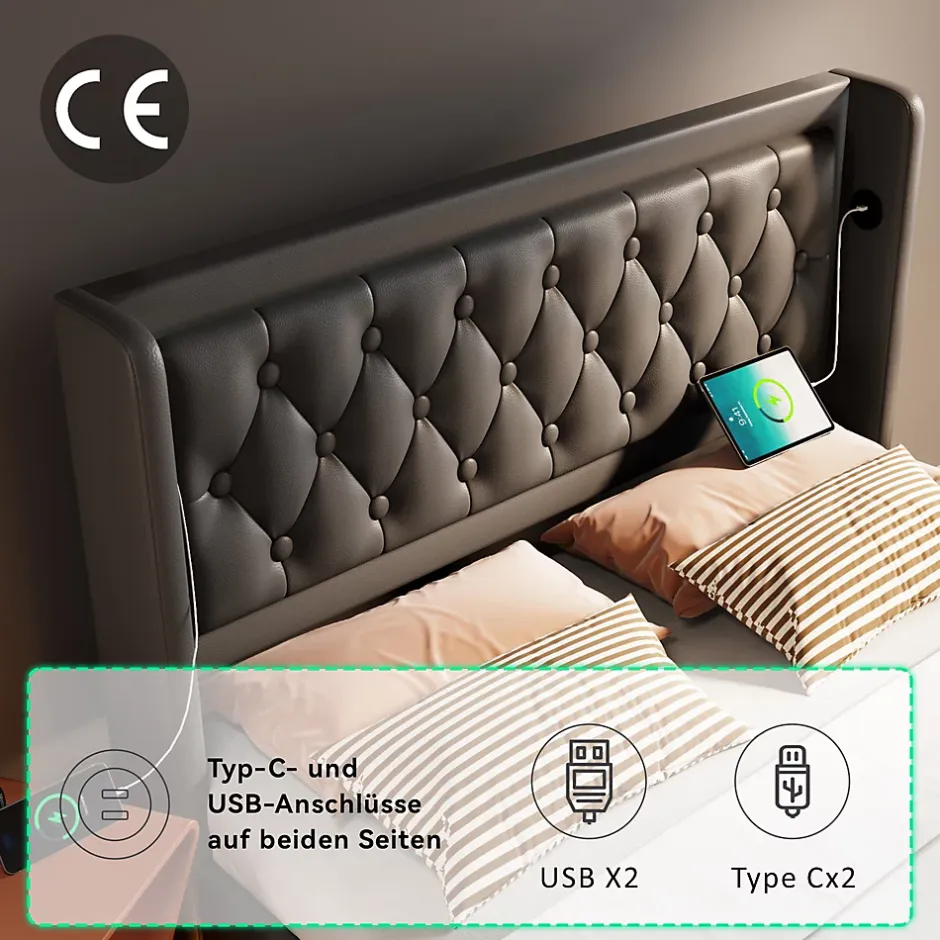 Generique Lit coffre 160x200 cm - Lit coffre hydraulique avec USB Type-C et LED - PU - Sans Matelas - Noir