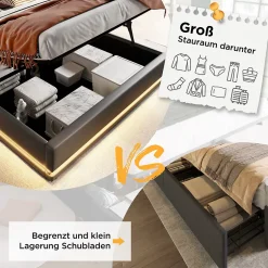 Generique Lit coffre 160x200 cm - Lit coffre hydraulique avec USB Type-C et LED - PU - Sans Matelas - Noir