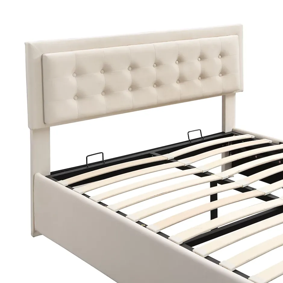 Generique Lit coffre 140x200 cm - Lit coffre hydraulique avec 2 tiroirs et sommier à lattes - Velours - Sans Matelas - Beige Clearance