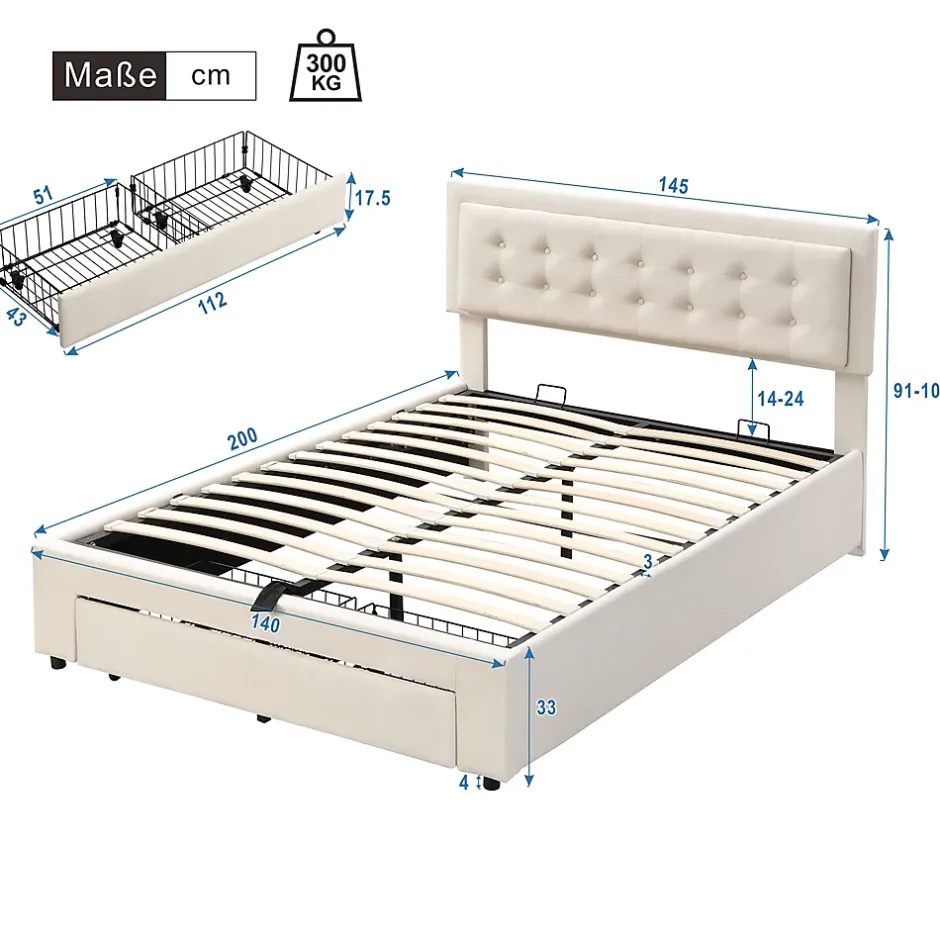 Generique Lit coffre 140x200 cm - Lit coffre hydraulique avec 2 tiroirs et sommier à lattes - Velours - Sans Matelas - Beige Clearance