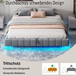Okwish Lit Coffre 180x200 cm - Lit Double avec Rangement, Sommier Relevable, Bande LED Intégrée - Tissu Gris - Sans Matelas Hot