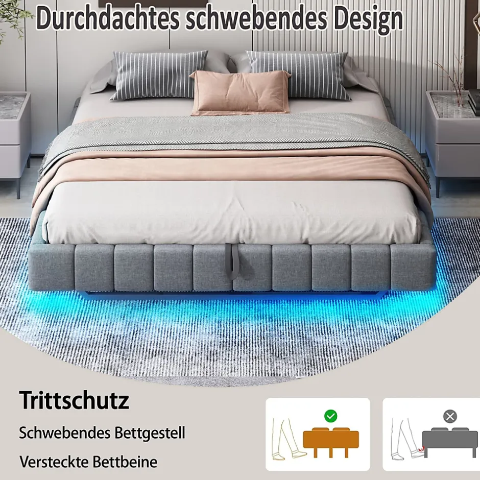 Okwish Lit Coffre 180x200 cm - Lit Double avec Rangement, Sommier Relevable, Bande LED Intégrée - Tissu Gris - Sans Matelas Hot