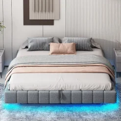 Okwish Lit Coffre 180x200 cm - Lit Double avec Rangement, Sommier Relevable, Bande LED Intégrée - Tissu Gris - Sans Matelas Hot
