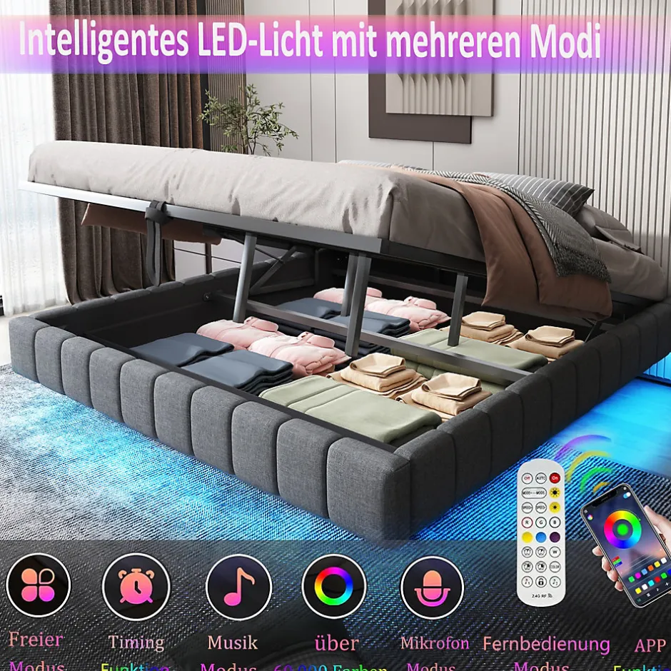 Okwish Lit Coffre 180x200 cm - Lit Double avec Rangement, Sommier Relevable, Bande LED Intégrée - Tissu Gris - Sans Matelas Hot