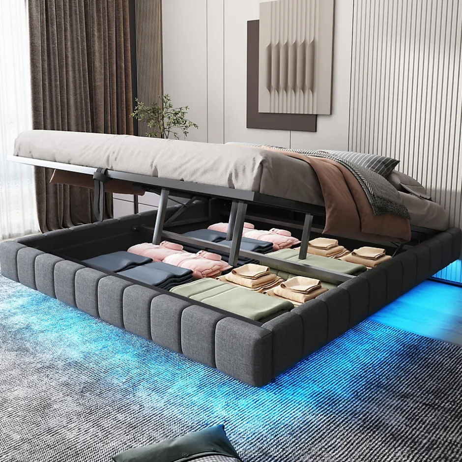 Okwish Lit Coffre 180x200 cm - Lit Double avec Rangement, Sommier Relevable, Bande LED Intégrée - Tissu Gris - Sans Matelas Hot