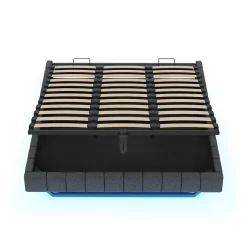 Okwish Lit Coffre 180x200 cm - Lit Double avec Rangement, Sommier Relevable, Bande LED Intégrée - Tissu Gris - Sans Matelas Hot