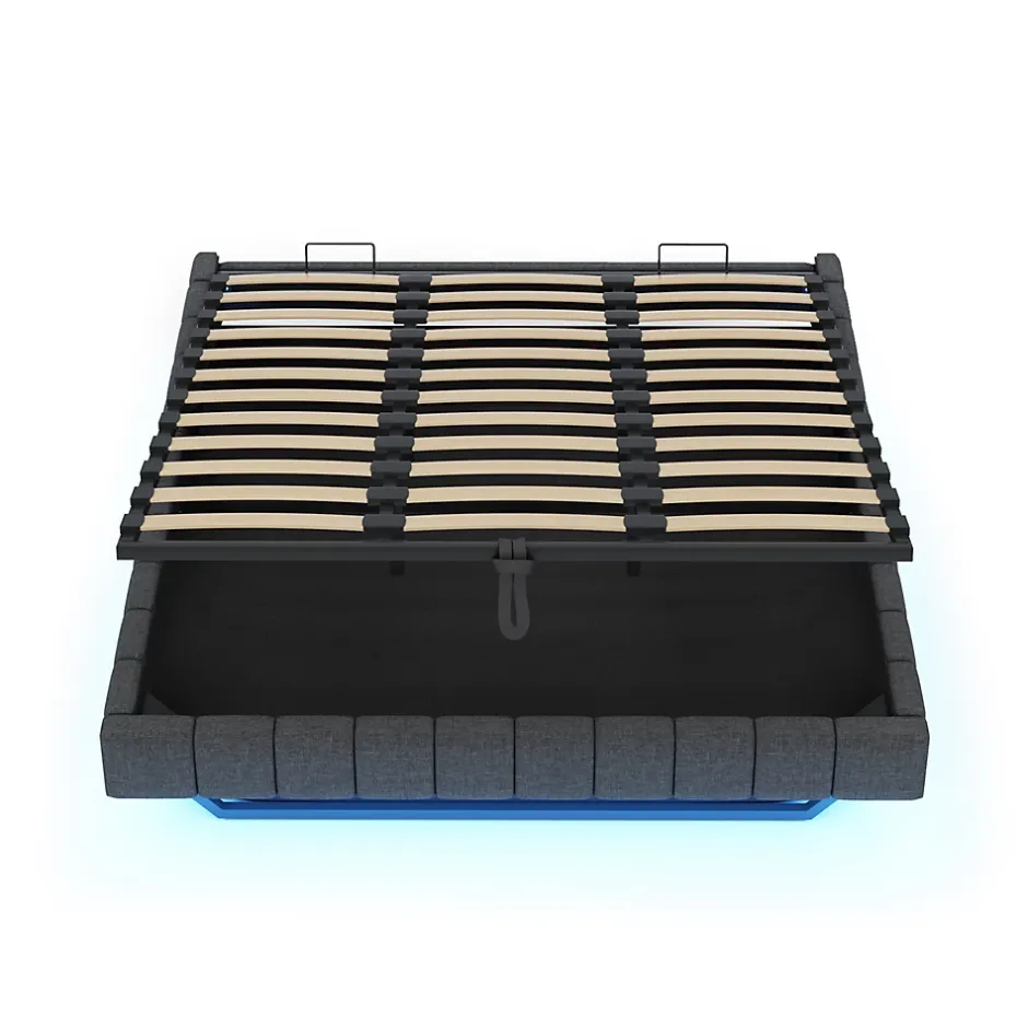 Okwish Lit Coffre 180x200 cm - Lit Double avec Rangement, Sommier Relevable, Bande LED Intégrée - Tissu Gris - Sans Matelas Hot