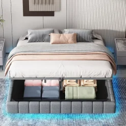 Okwish Lit Coffre 180x200 cm - Lit Double avec Rangement, Sommier Relevable, Bande LED Intégrée - Tissu Gris - Sans Matelas Hot